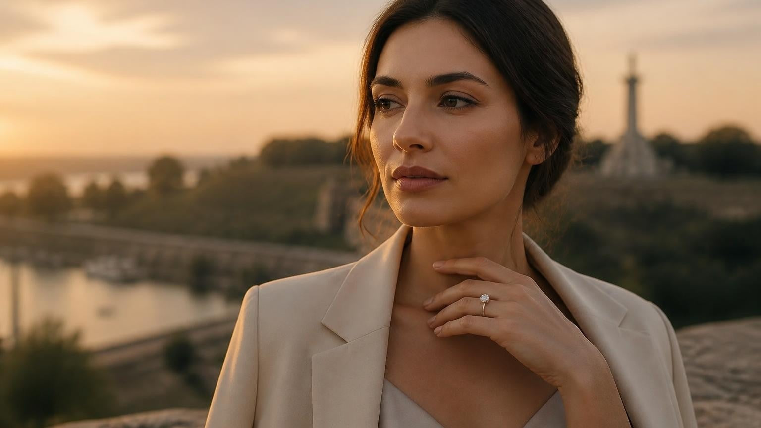 Best engagement rings in Serbia — elegant Serbian woman with solitaire ring, Kalemegdan Fortress at sunset