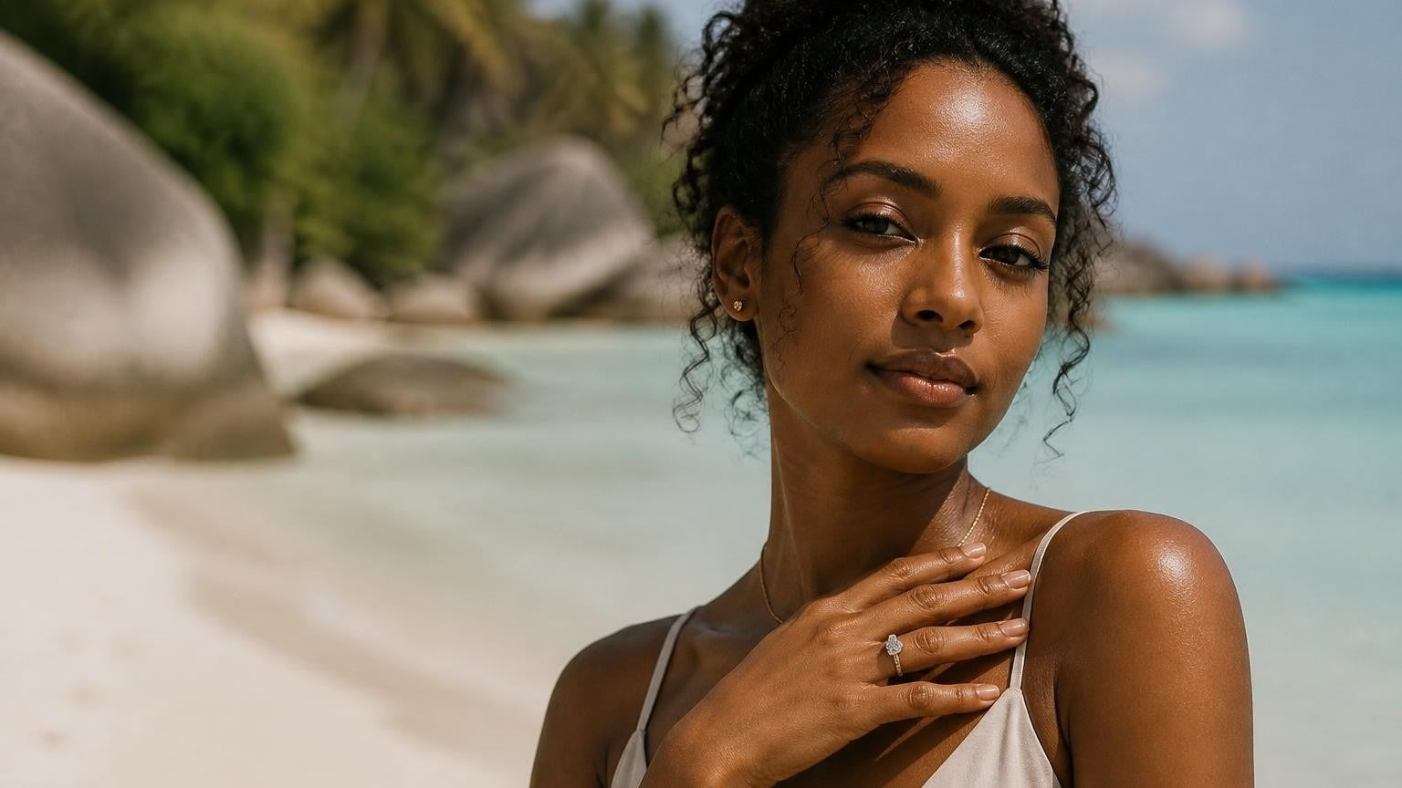 Best engagement rings in Seychelles — elegant Creole woman with solitaire ring, Anse Source d'Argent granite boulders and turquoise water behind