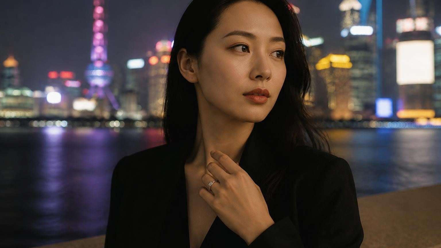 Best engagement rings in Shanghai — Satéur Destinée Ring™ on The Bund with Oriental Pearl Tower