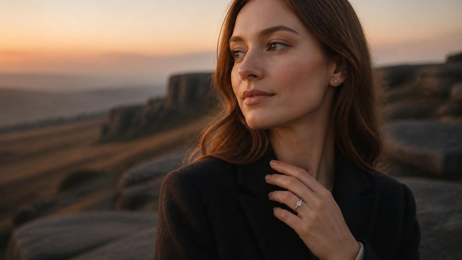 Best engagement rings in Sheffield — Satéur Destinée Ring with Stanage Edge moorland backdrop