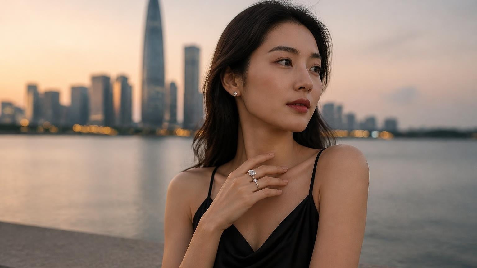Best engagement rings in Shenzhen — Satéur Destinée Ring with Shenzhen Bay skyline and Ping An Finance Centre