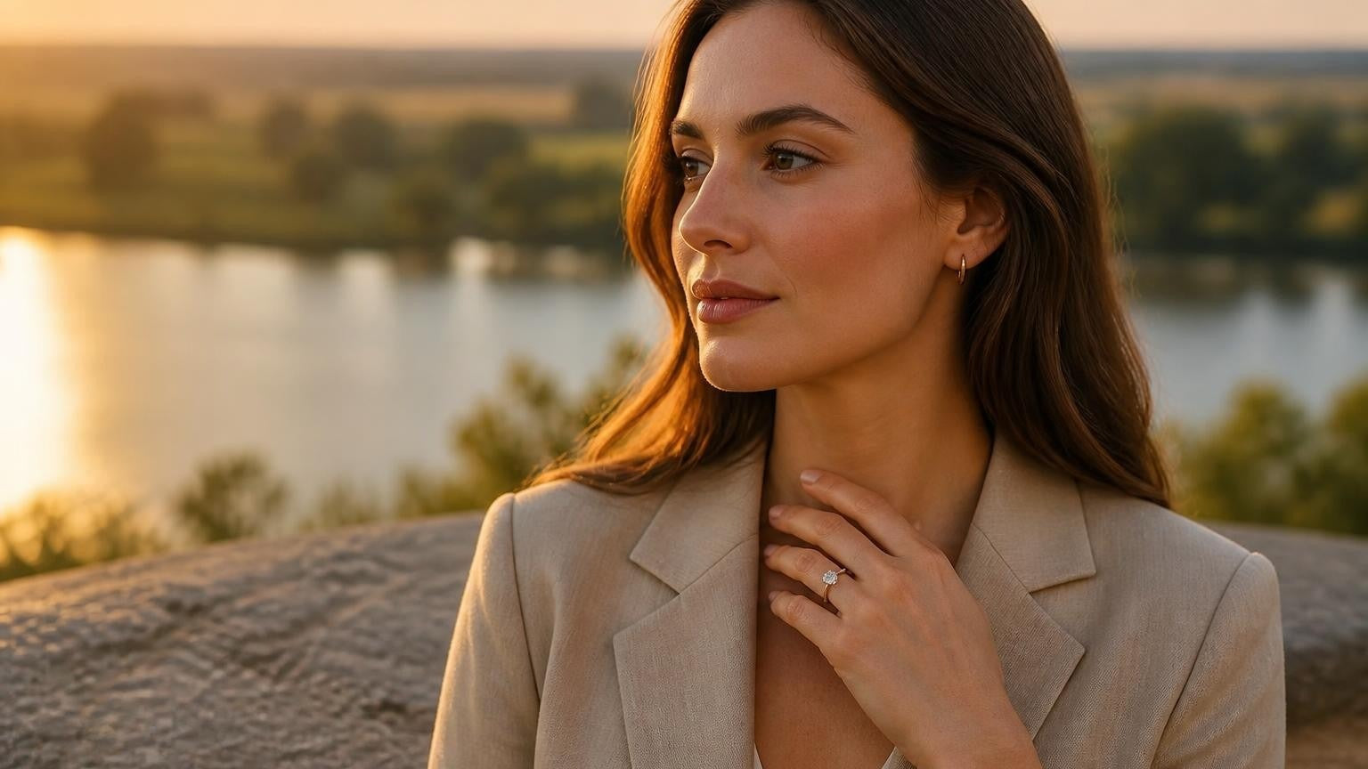 Best engagement rings in Shepparton — Satéur Destinée Ring™ at Victoria Lake at golden hour