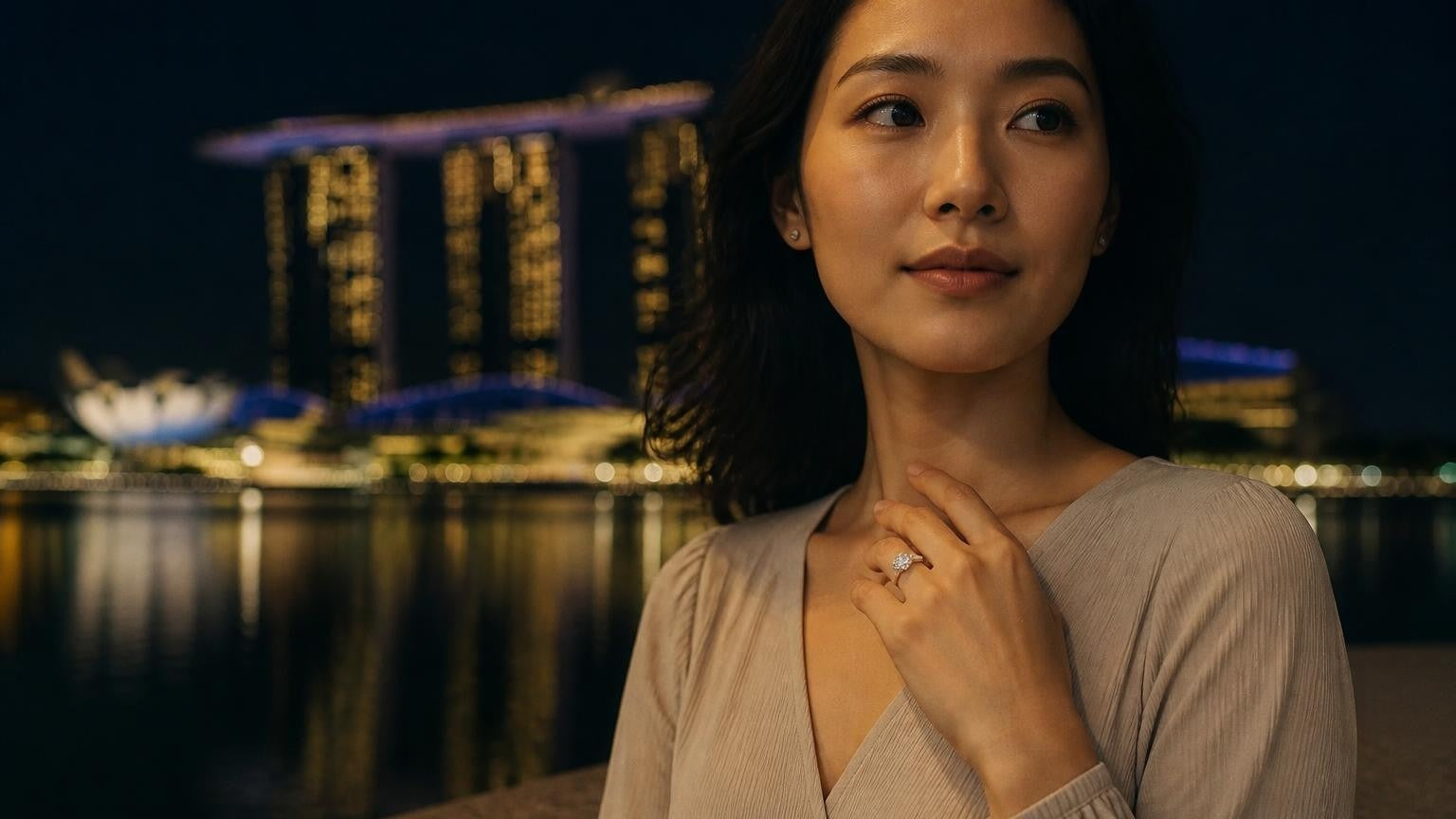 Satéur Destinée Ring™ — elegant Singaporean woman with engagement ring, Marina Bay Sands at golden hour