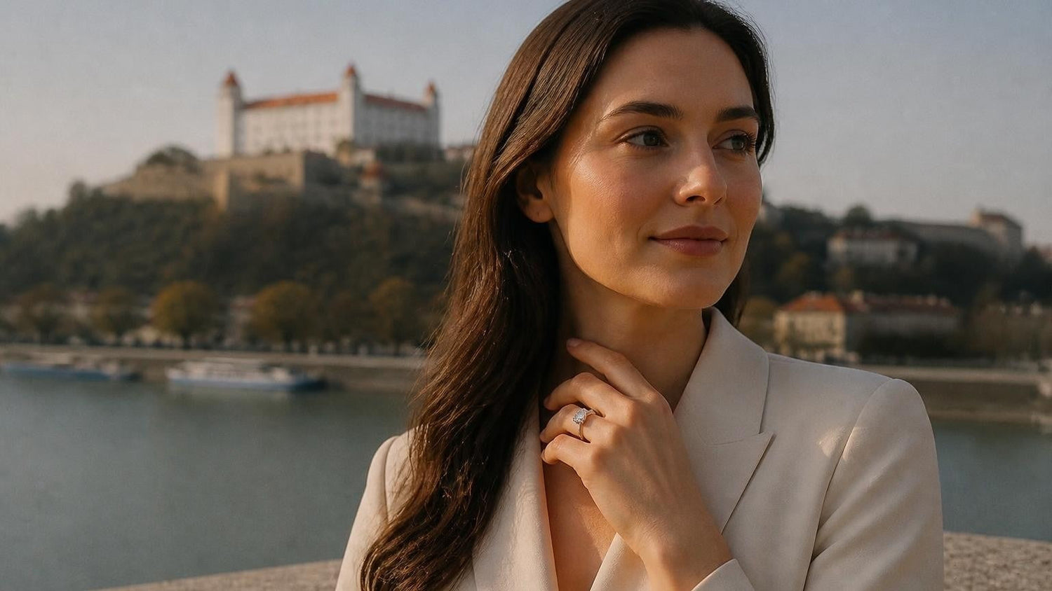 Best engagement rings in Slovakia — woman wearing Satéur Destinée Ring with Bratislava Castle in the background