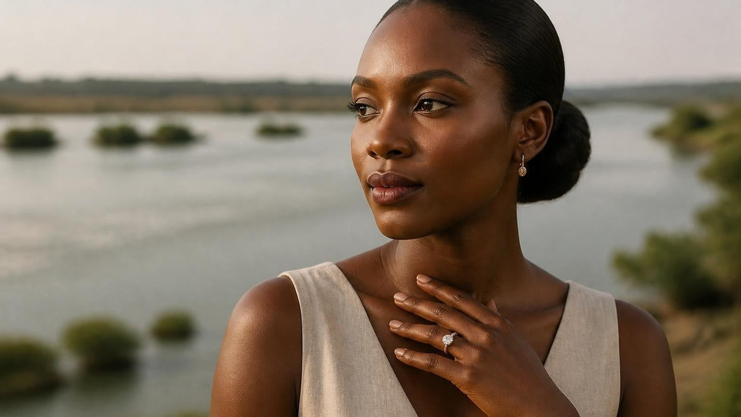 Best engagement rings in South Sudan — elegant woman with Satéur Destinée ring, White Nile at Juba in soft focus
