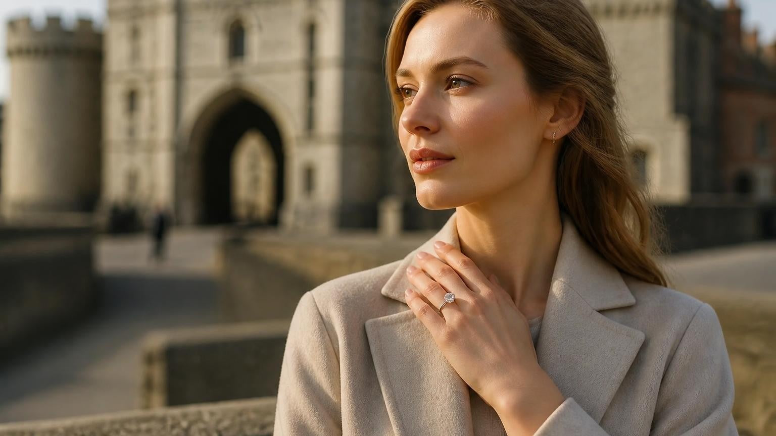 Best engagement rings in Southampton — elegant woman with Satéur Destinée Ring, Bargate medieval walls behind