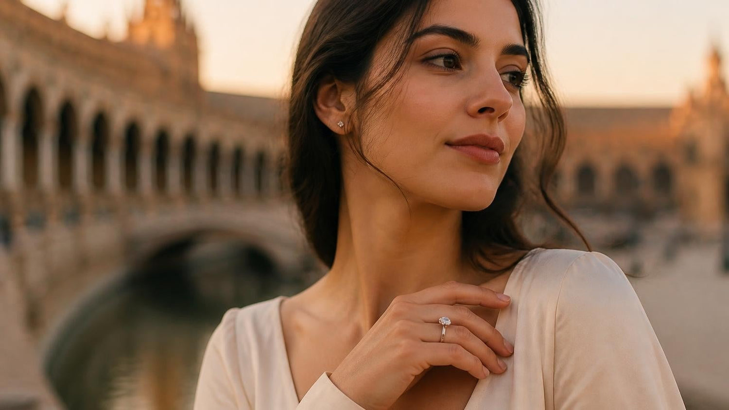 Best engagement rings in Spain — Satéur Destinée Ring worn at Plaza de España, Seville
