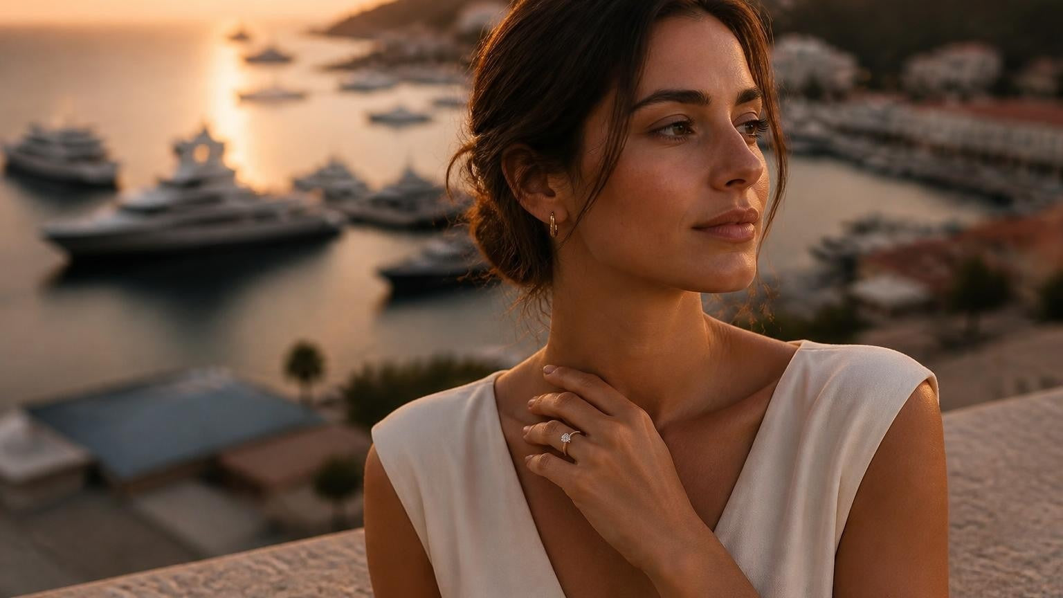 Best engagement rings in St. Barthélemy — French woman at sunset over Gustavia superyacht harbour, Satéur Destinée Ring on her finger