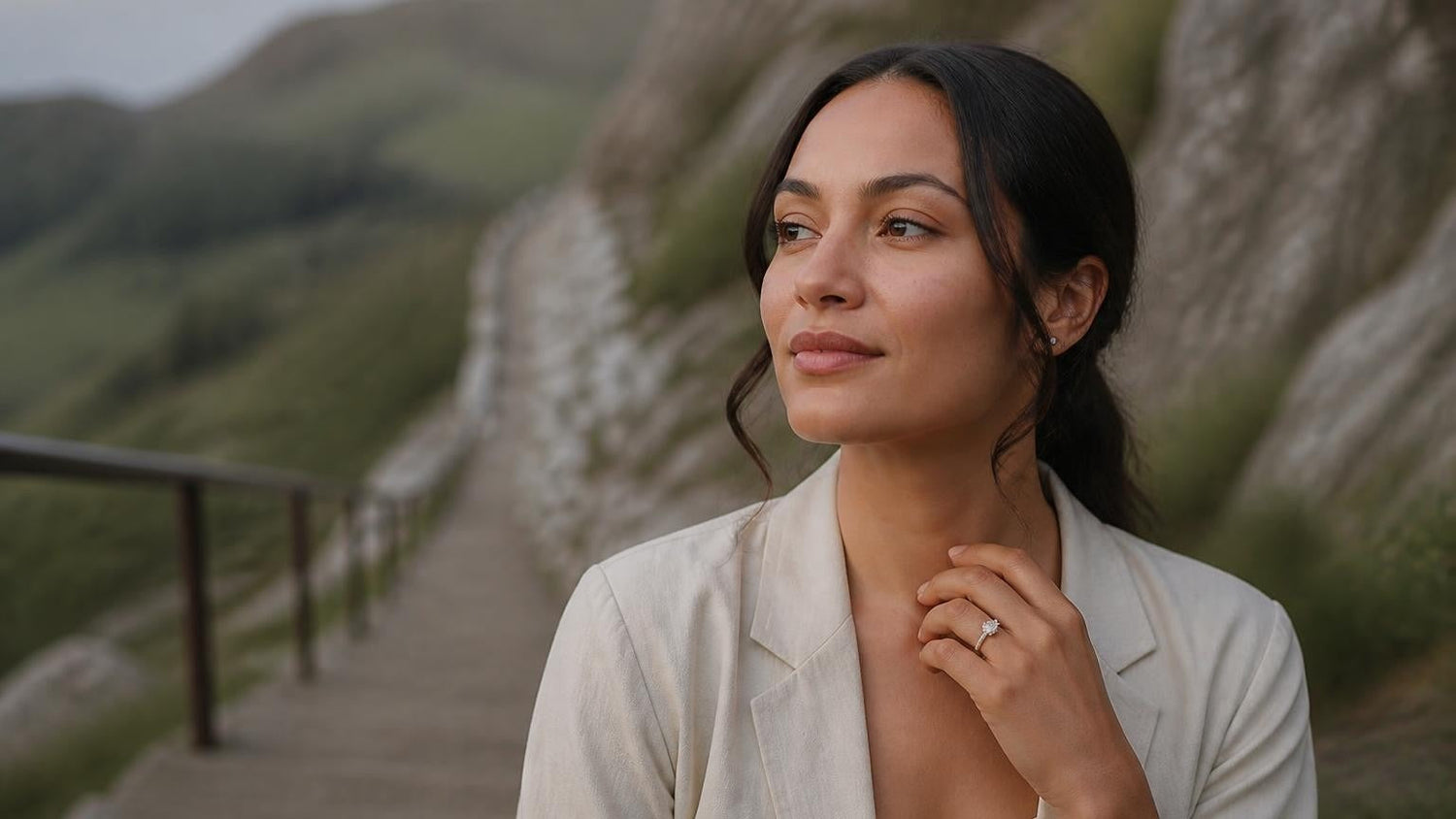 Best engagement rings in St. Helena — woman wearing Satéur Destinée ring at Jacob's Ladder
