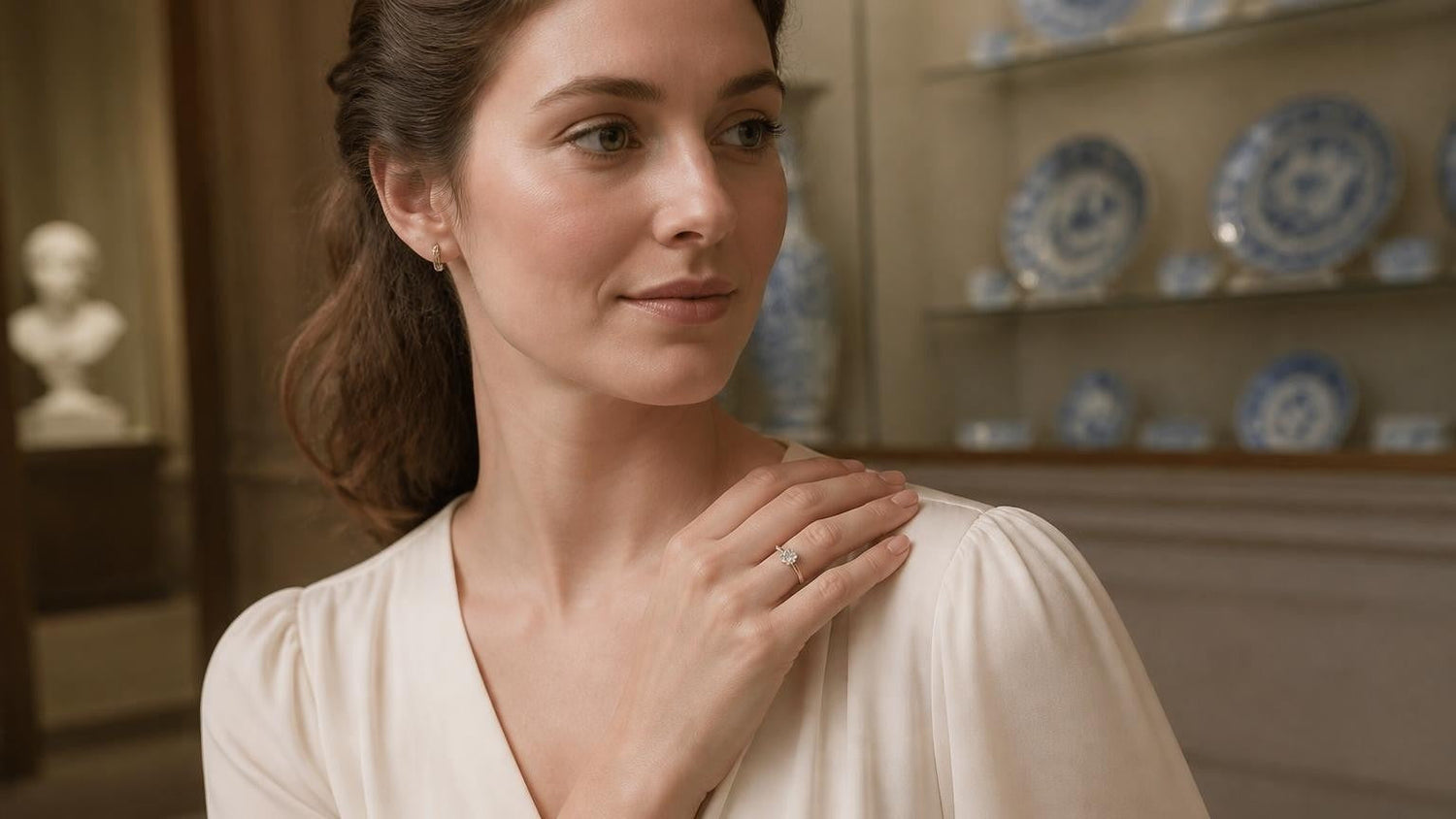 Best engagement rings in Stoke-on-Trent — Satéur Destinée Ring on the hand of an elegant English woman, Wedgwood Potteries backdrop