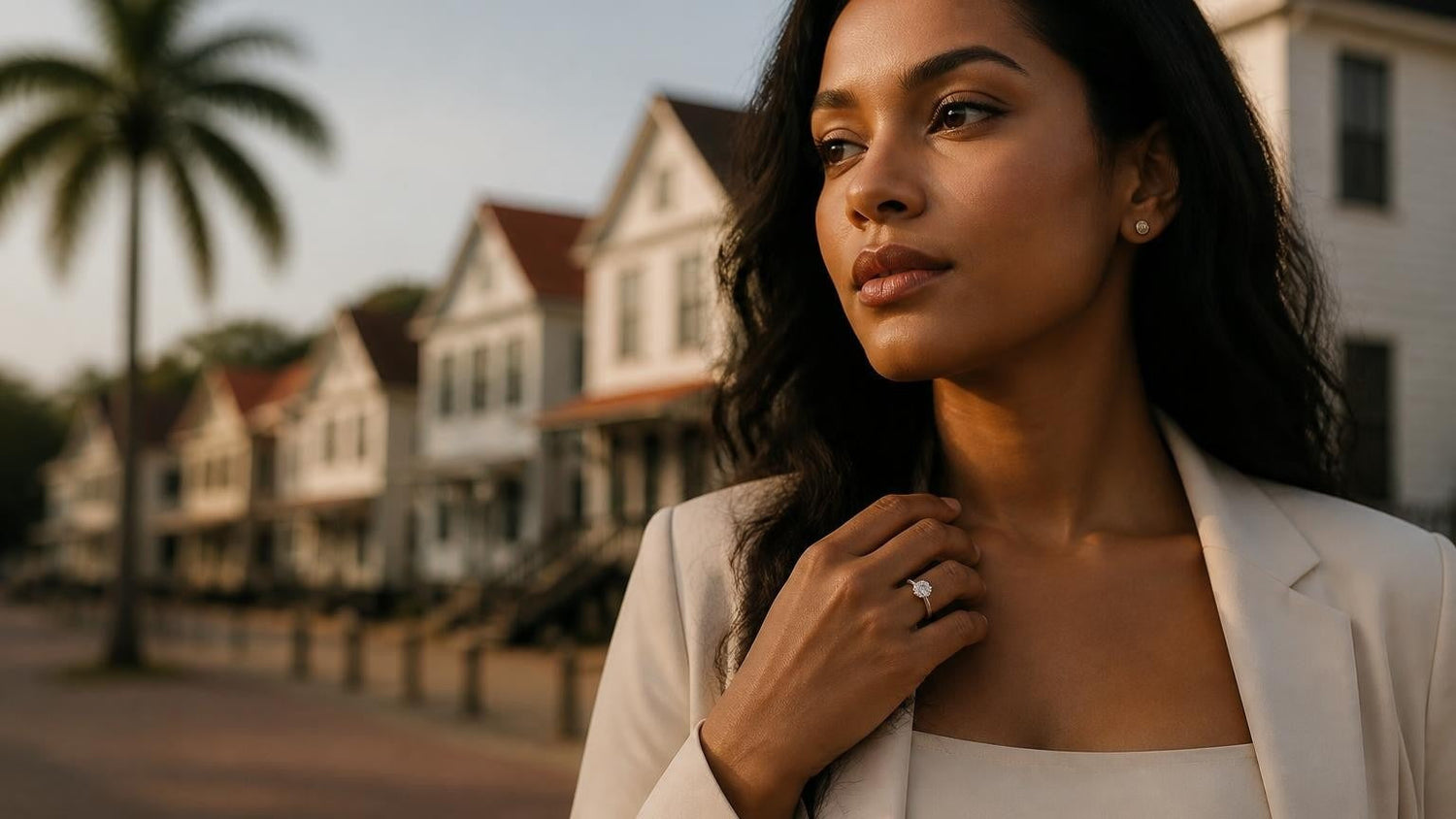 Best engagement rings in Suriname — Satéur Destinée Ring™ against Paramaribo UNESCO-listed Dutch colonial architecture