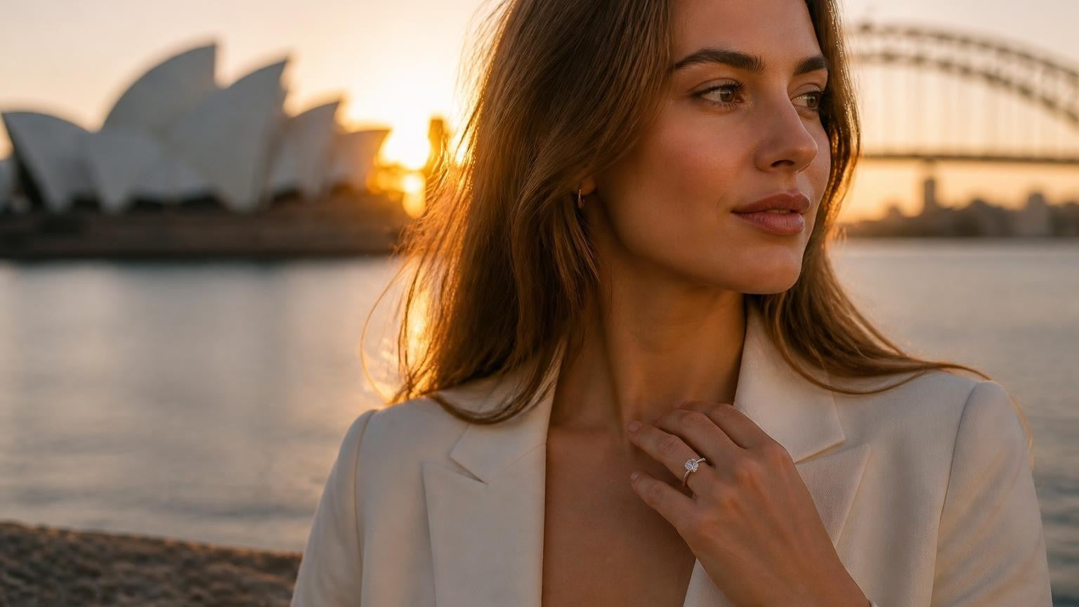 Best engagement rings in Sydney — Satéur Destinée Ring™ with Sydney Opera House and Harbour Bridge at sunrise