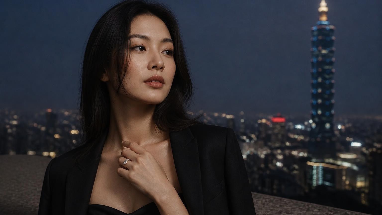 Best engagement rings in Taipei — elegant Taiwanese woman with Satéur Destinée ring, Taipei 101 at dusk
