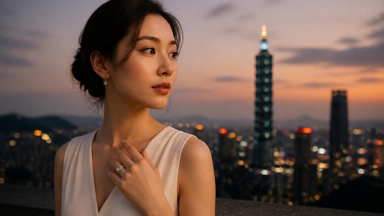 Best engagement ring in Taiwan — Satéur Destinée Ring™ with Taipei 101 at dusk