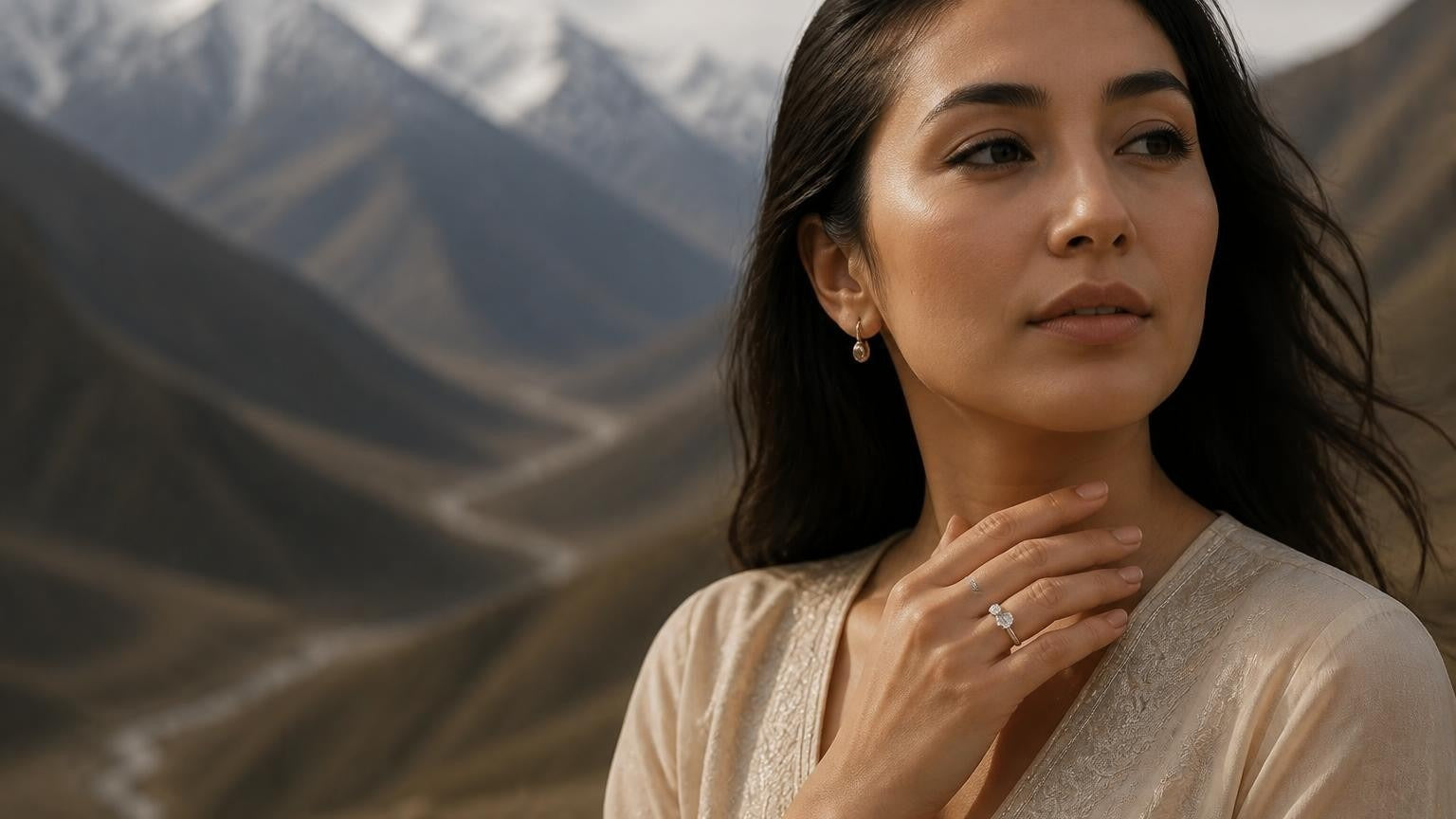 Best engagement rings in Tajikistan — Tajik woman with Satéur Destinée ring, Pamir Mountains behind