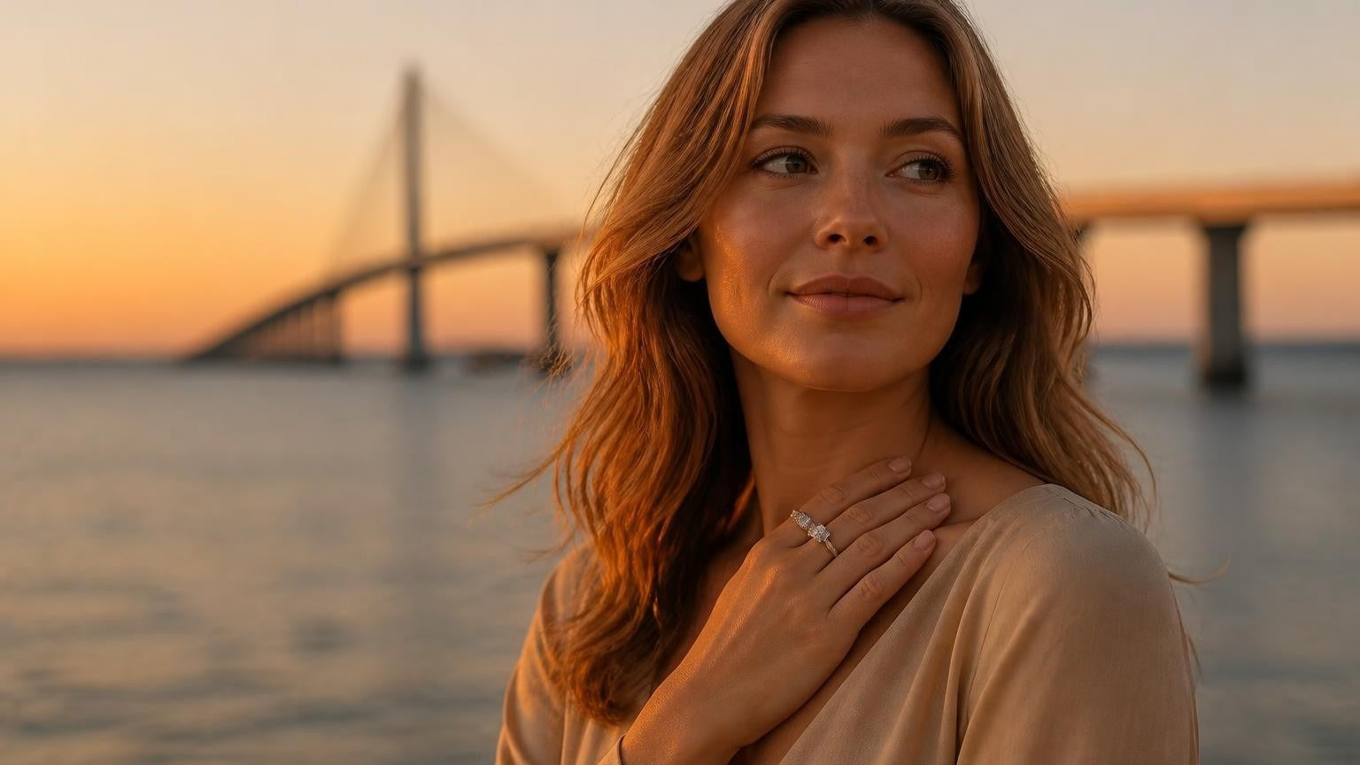 Best engagement rings in Tampa — elegant woman wearing a Satéur Destinée Ring with the Sunshine Skyway Bridge at sunset