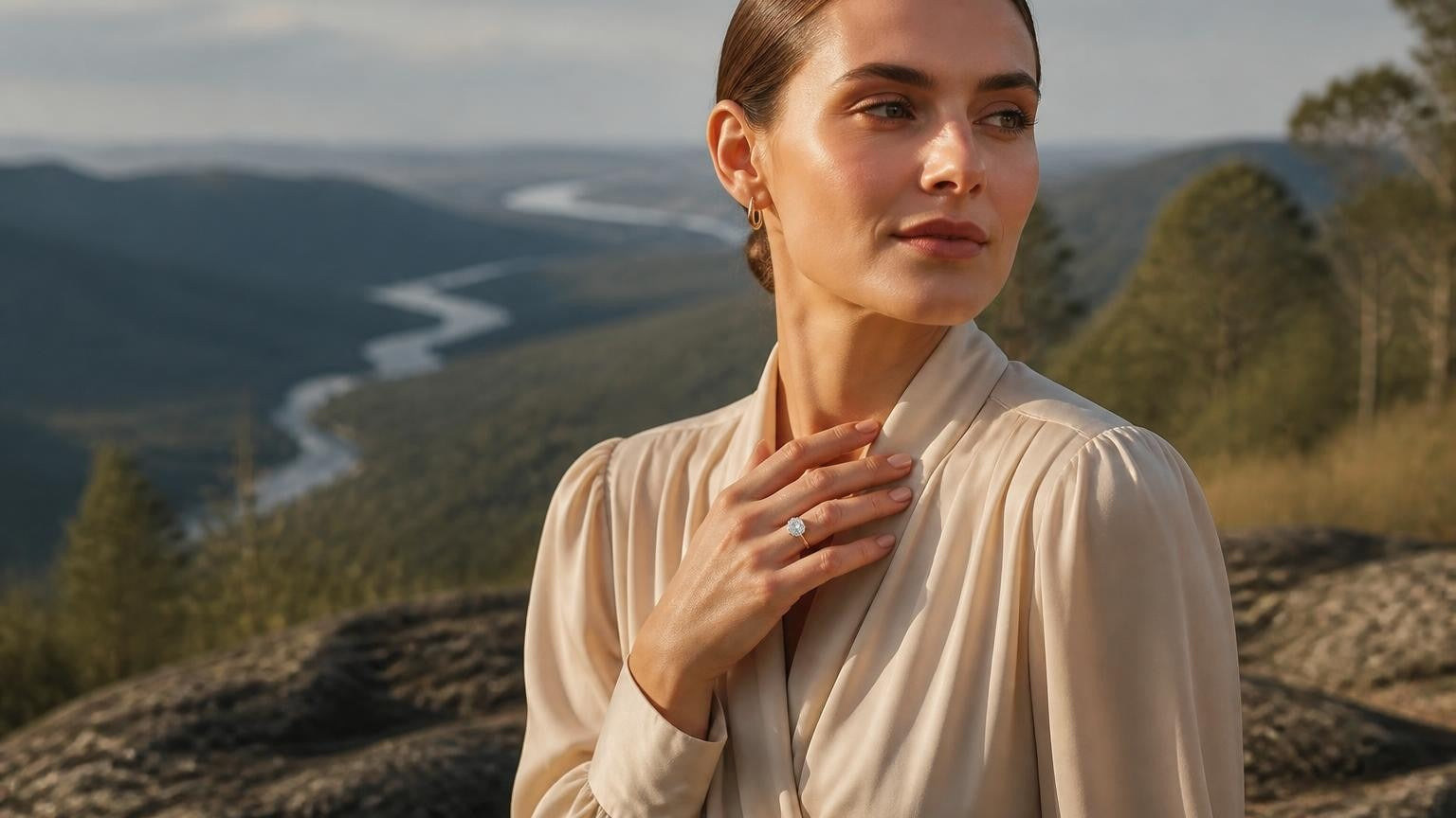 Best engagement rings in Tamworth — Satéur Destinée Ring with Peel River valley in background