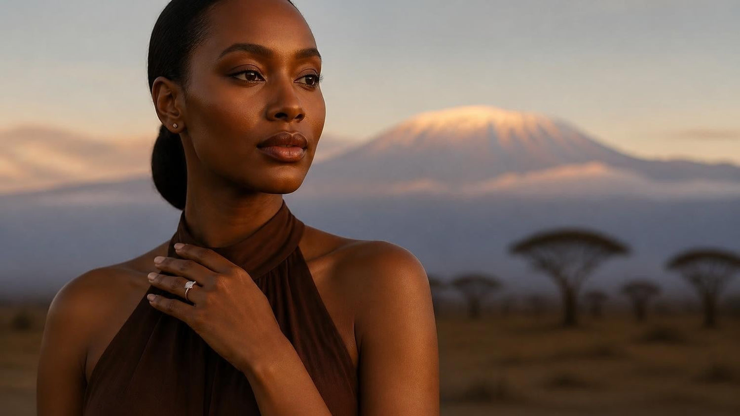 Best engagement rings in Tanzania — Satéur Destinée Ring with Kilimanjaro backdrop