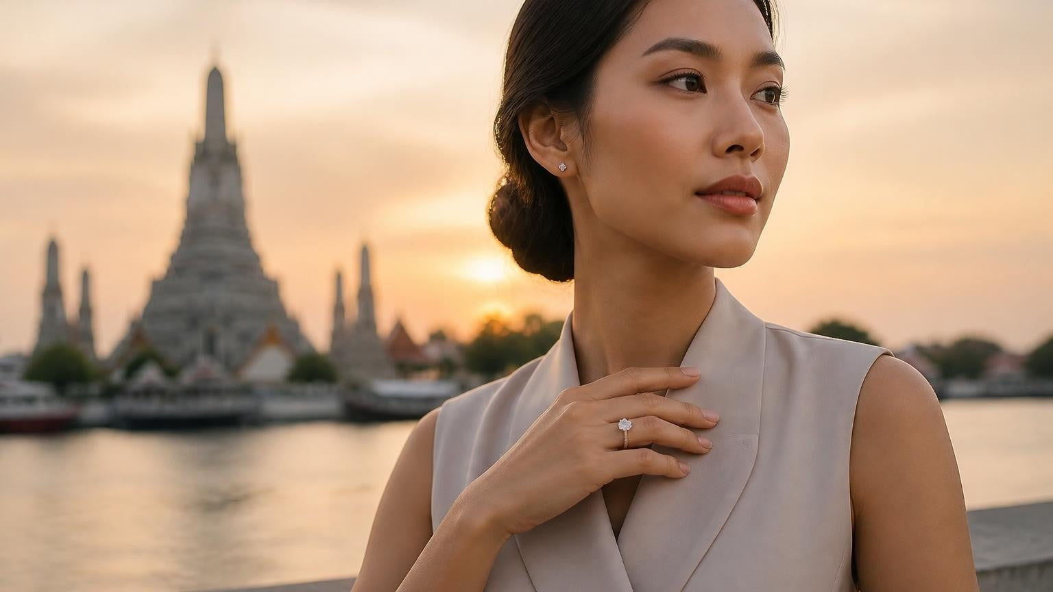 Best engagement rings in Thailand — Satéur Destinée Ring with elegant Thai woman and Wat Arun temple at sunrise