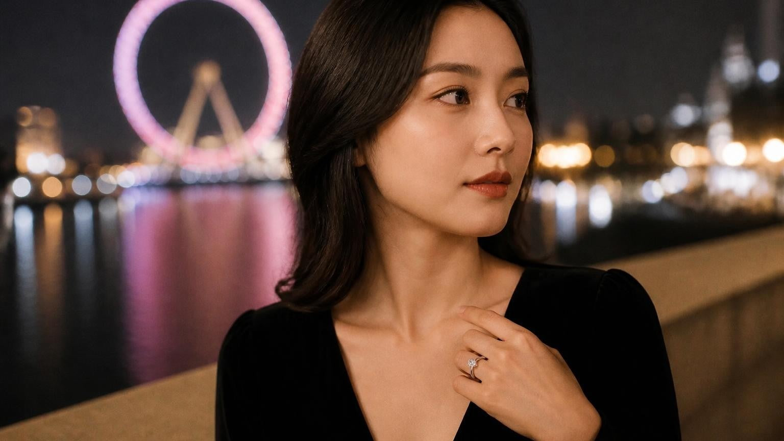 Elegant Chinese woman with engagement ring, Tianjin Eye Ferris wheel at night — best engagement rings in Tianjin