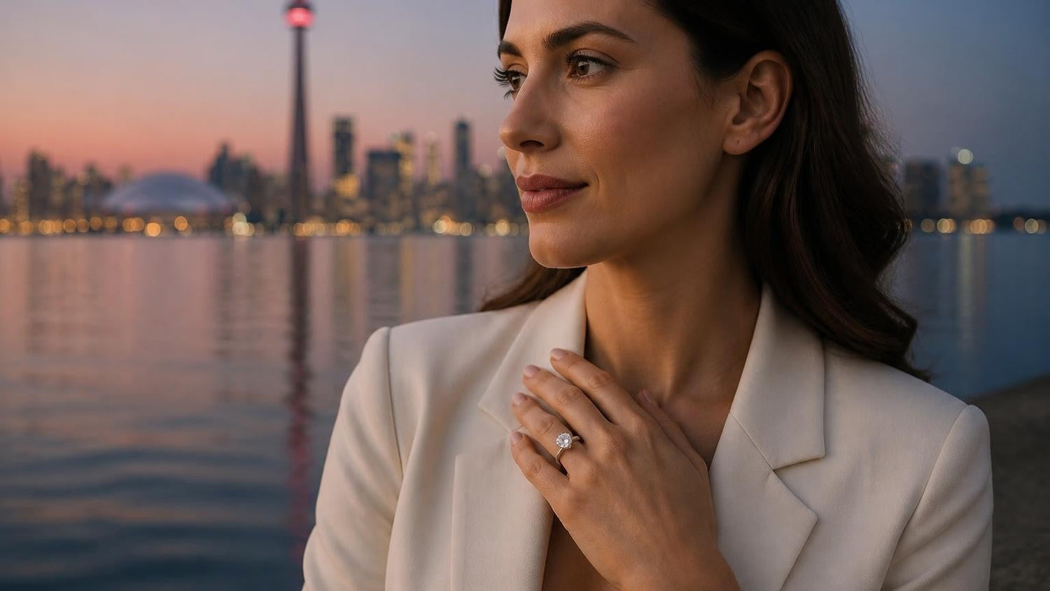 Best engagement rings in Toronto — Satéur Destinée Ring with CN Tower skyline at dusk