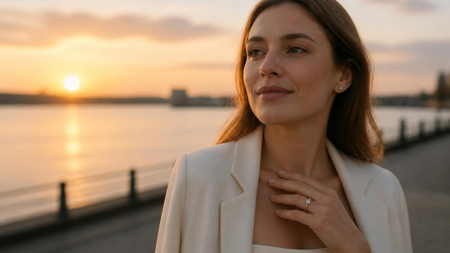 Best engagement rings in Trois-Rivières — Satéur Destinée Ring on the St. Lawrence waterfront promenade