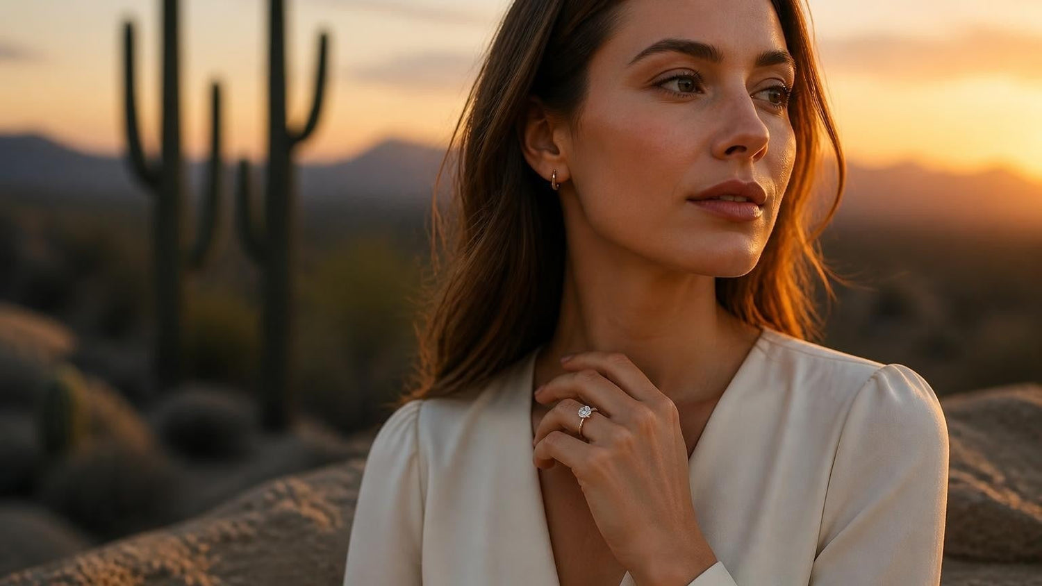 Best engagement rings in Tucson — Satéur Destinée Ring at Saguaro National Park sunset