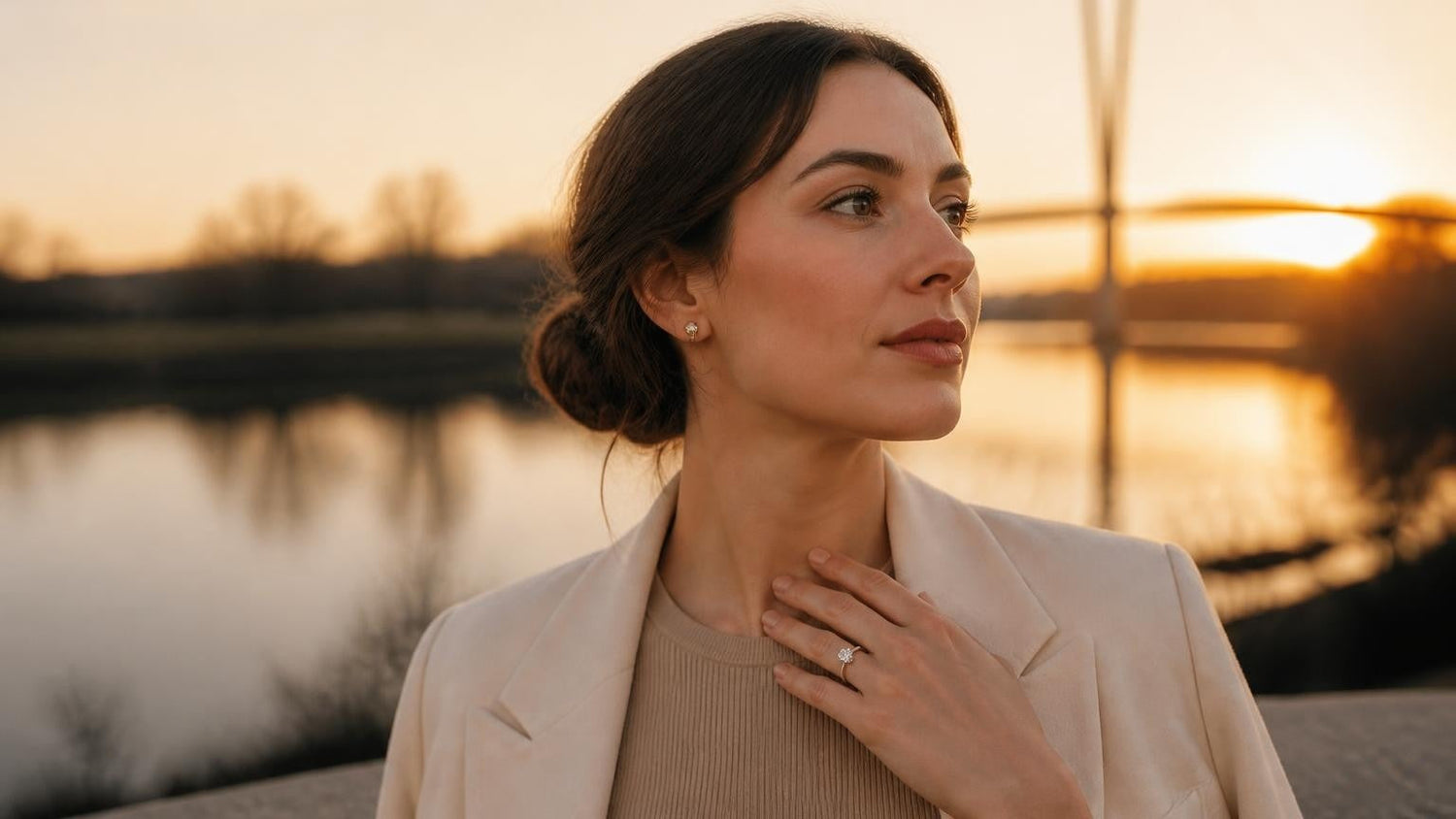 Best engagement rings in Tulsa — Satéur Destinée Ring at sunset over the Arkansas River, Gathering Place