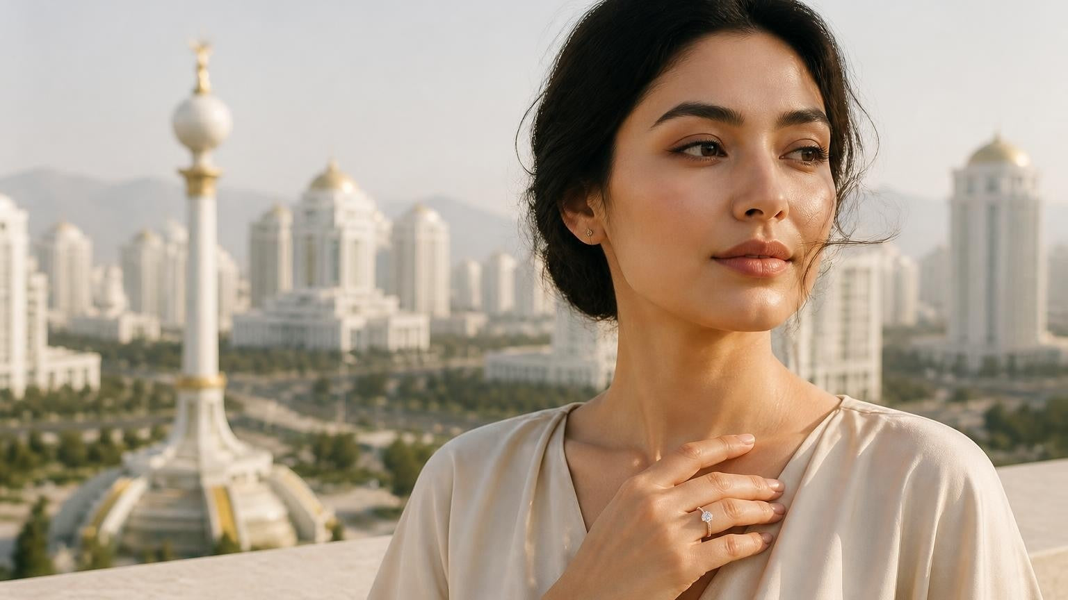 Best engagement rings in Turkmenistan — elegant woman with Satéur Destinée Ring, Ashgabat white marble skyline