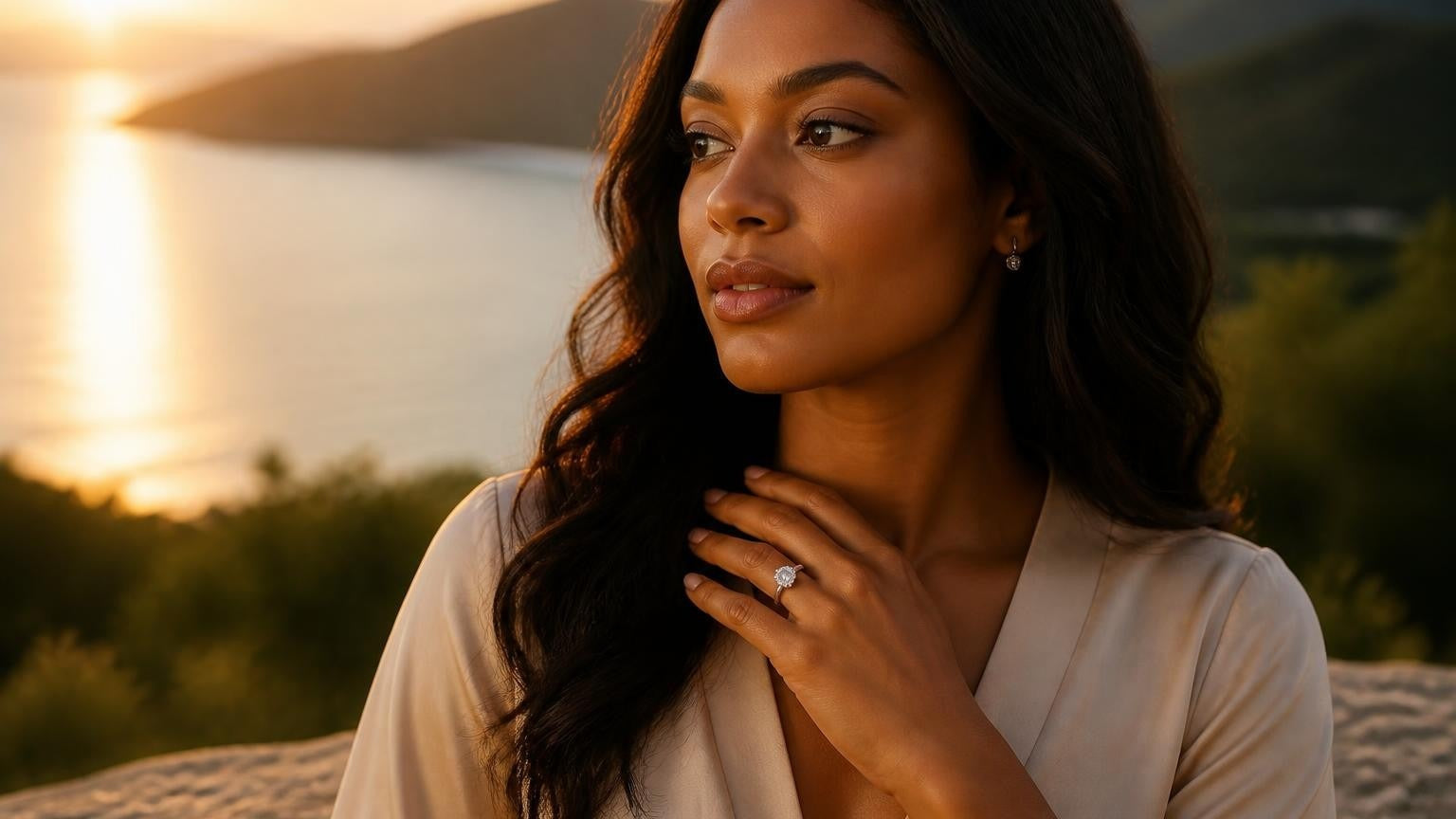 Best engagement ring in U.S. Virgin Islands — Satéur Destinée Ring™ at Magens Bay golden hour