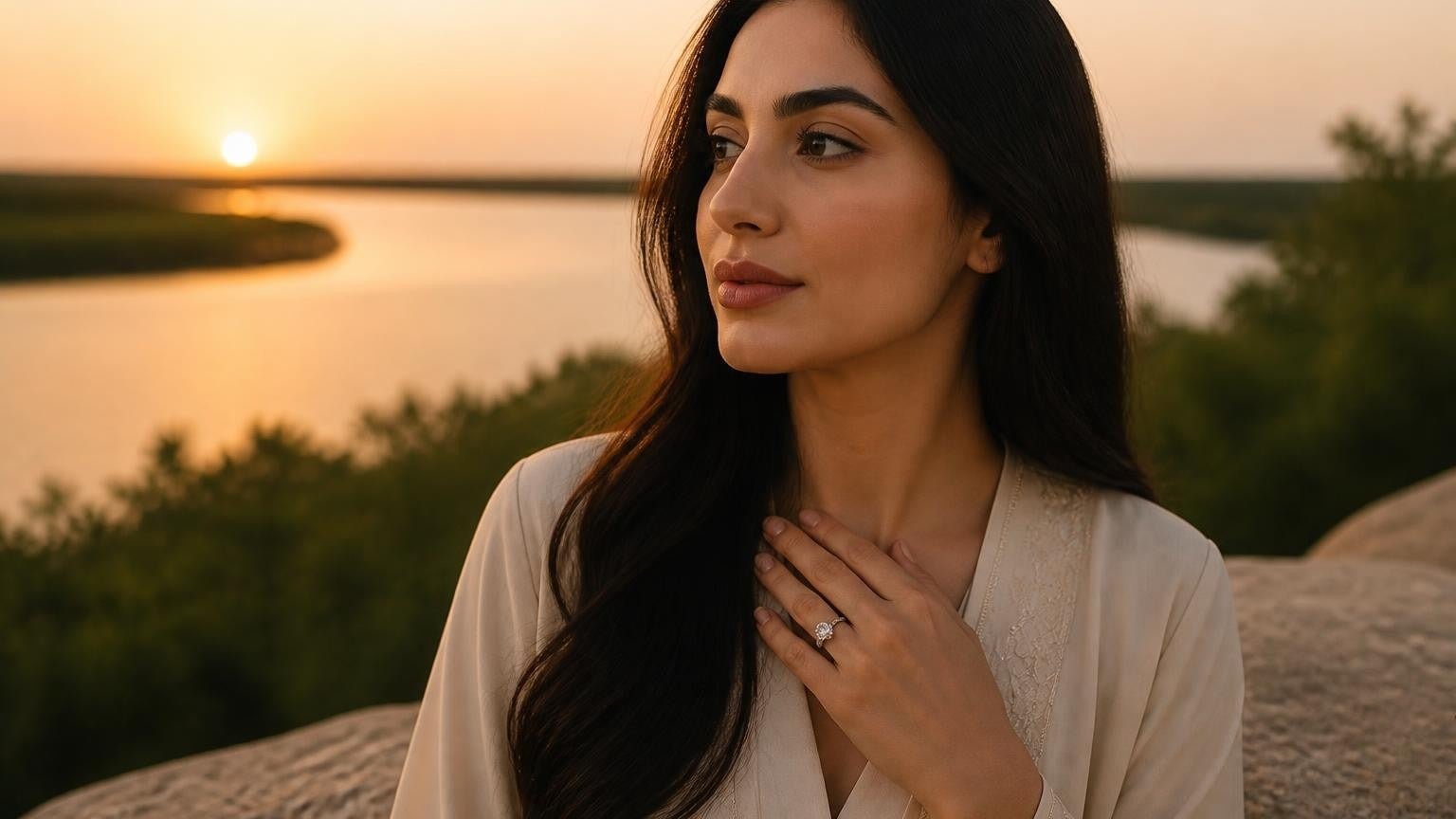 Best engagement ring in Umm Al Quwain — Satéur Destinée Ring with UAQ mangrove lagoon at sunset