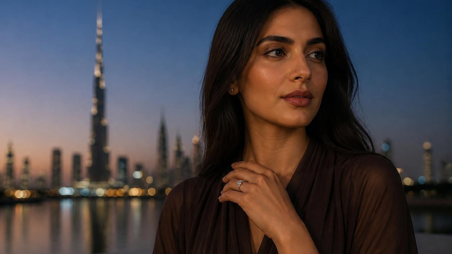 Best engagement rings in United Arab Emirates — Satéur Destinée Ring™ with Dubai skyline at dusk