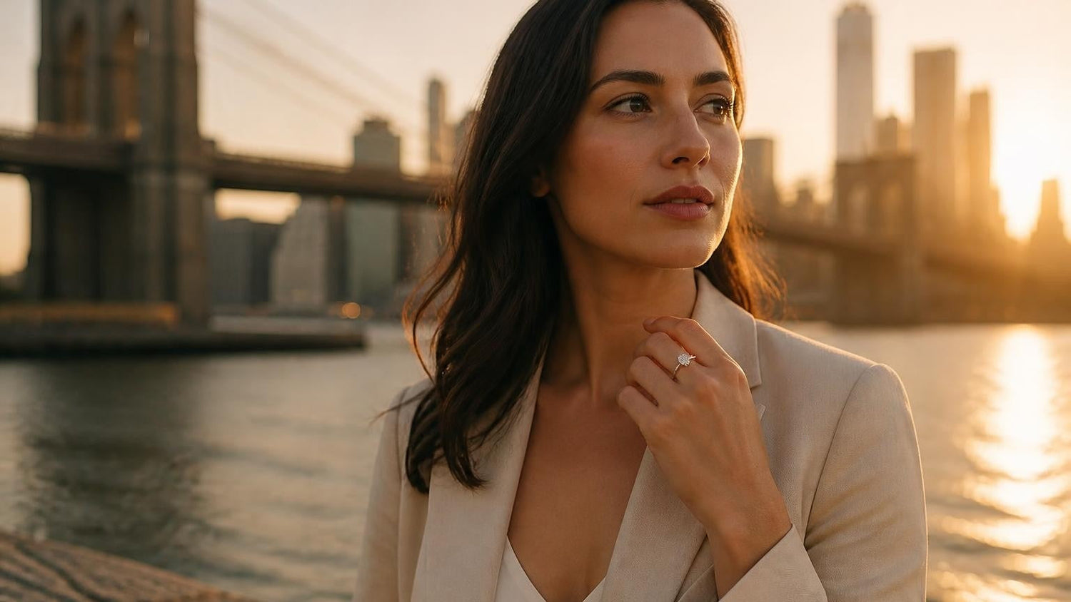 Best engagement rings in the United States — Satéur Destinée Ring with Brooklyn Bridge and Manhattan skyline at golden hour