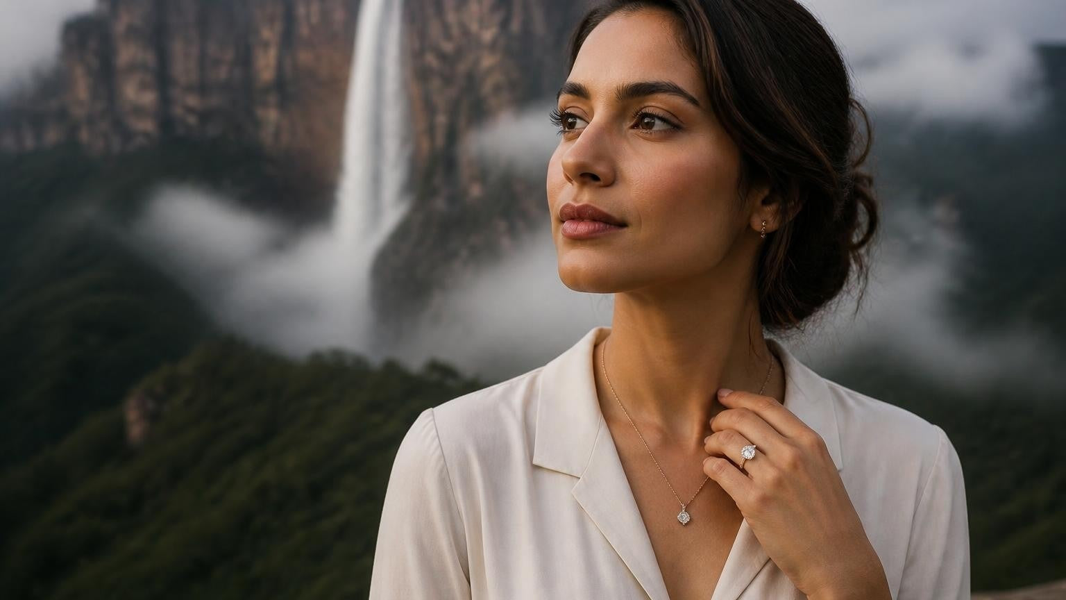 Best engagement rings in Venezuela — Satéur Destinée Ring™ with Angel Falls backdrop