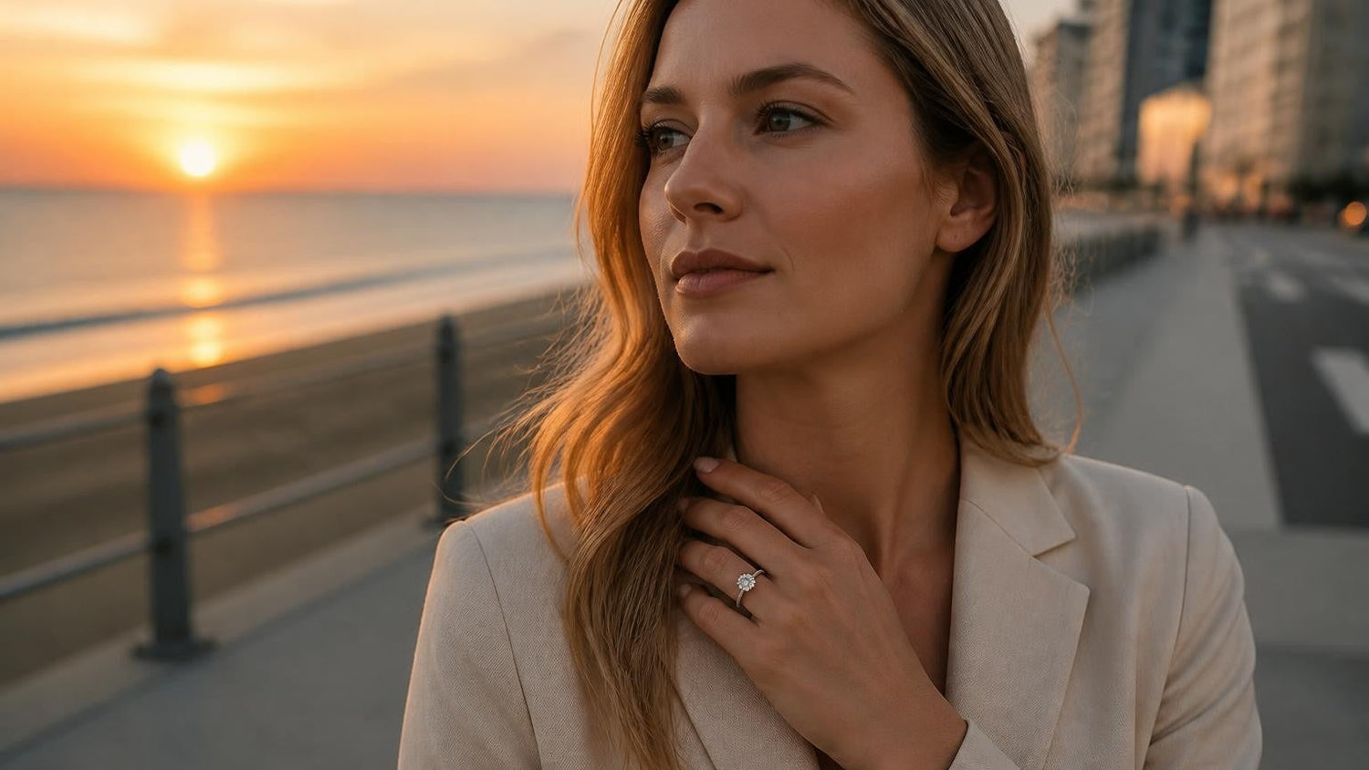 Best engagement rings in Virginia Beach — Satéur Destinée Ring at the Boardwalk at sunrise