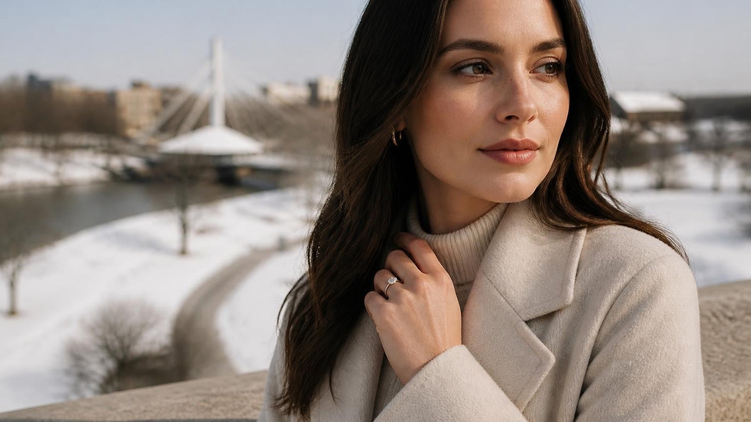 Best engagement rings in Winnipeg — Satéur Destinée Ring™ at The Forks in winter