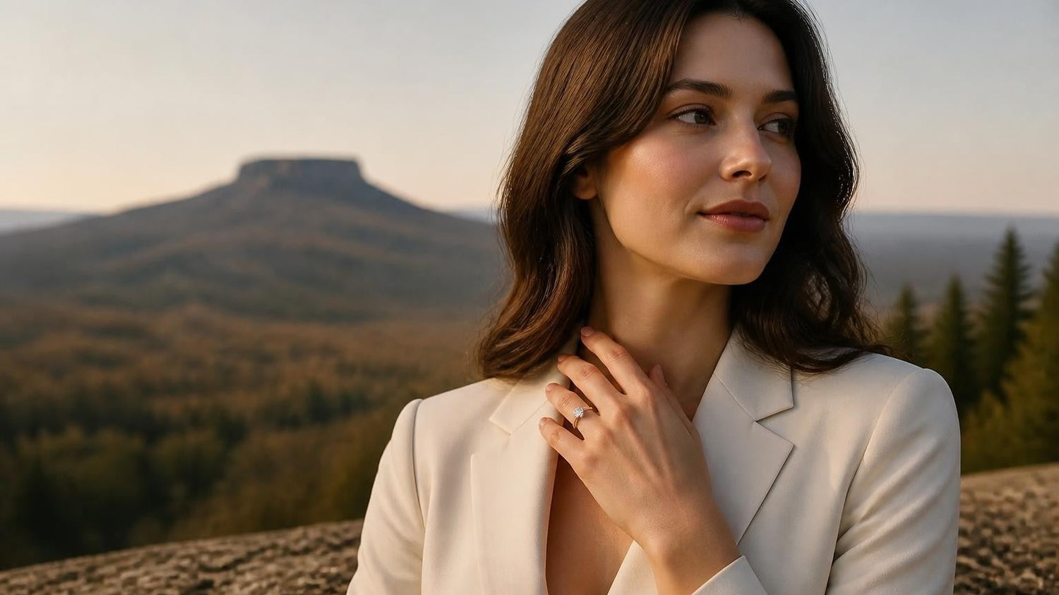 Best engagement rings in Winston-Salem — Satéur Destinée Ring™ with Pilot Mountain State Park backdrop