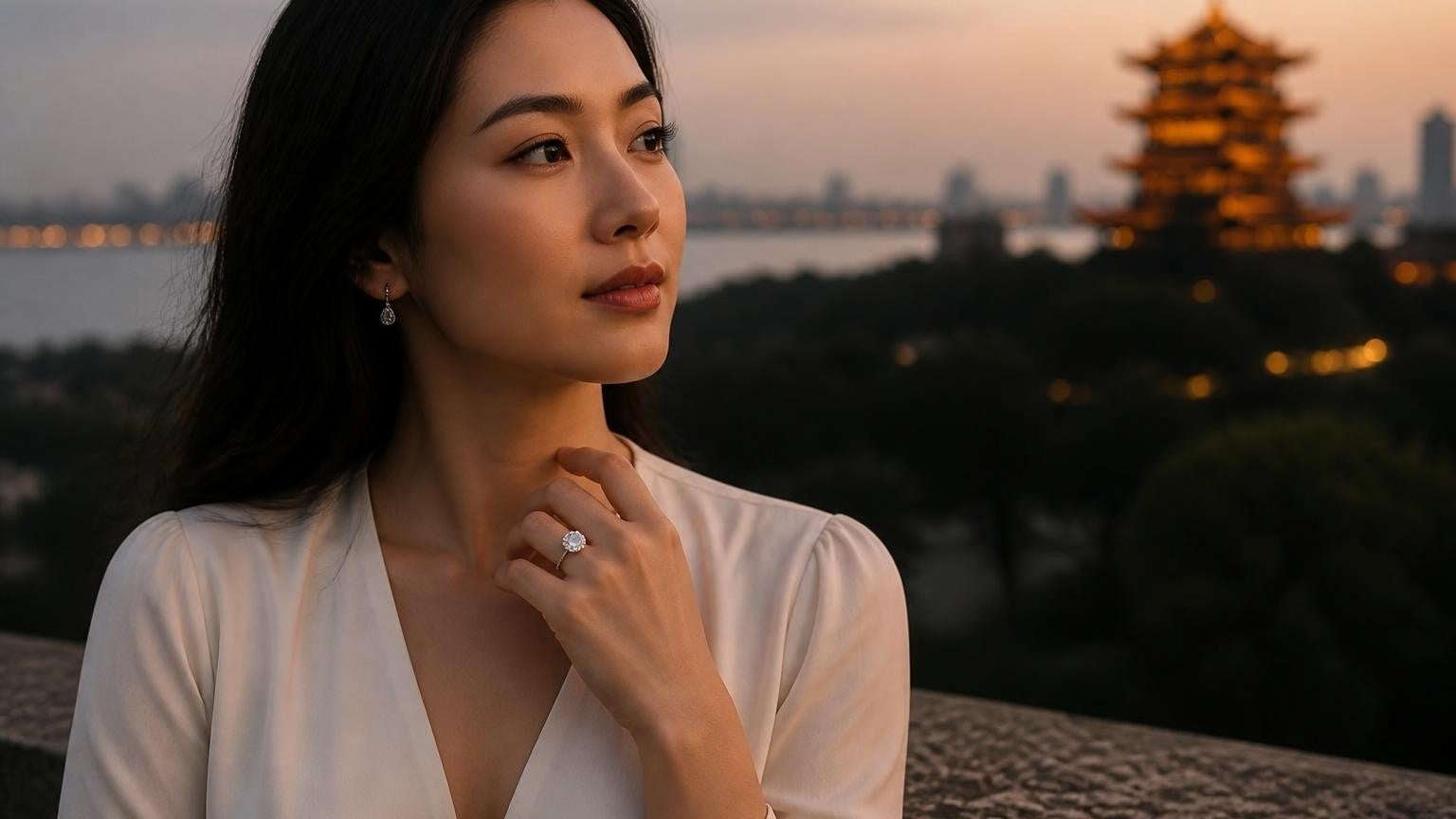 Best engagement rings in Wuhan — Satéur Destinée Ring™ with Yellow Crane Tower backdrop