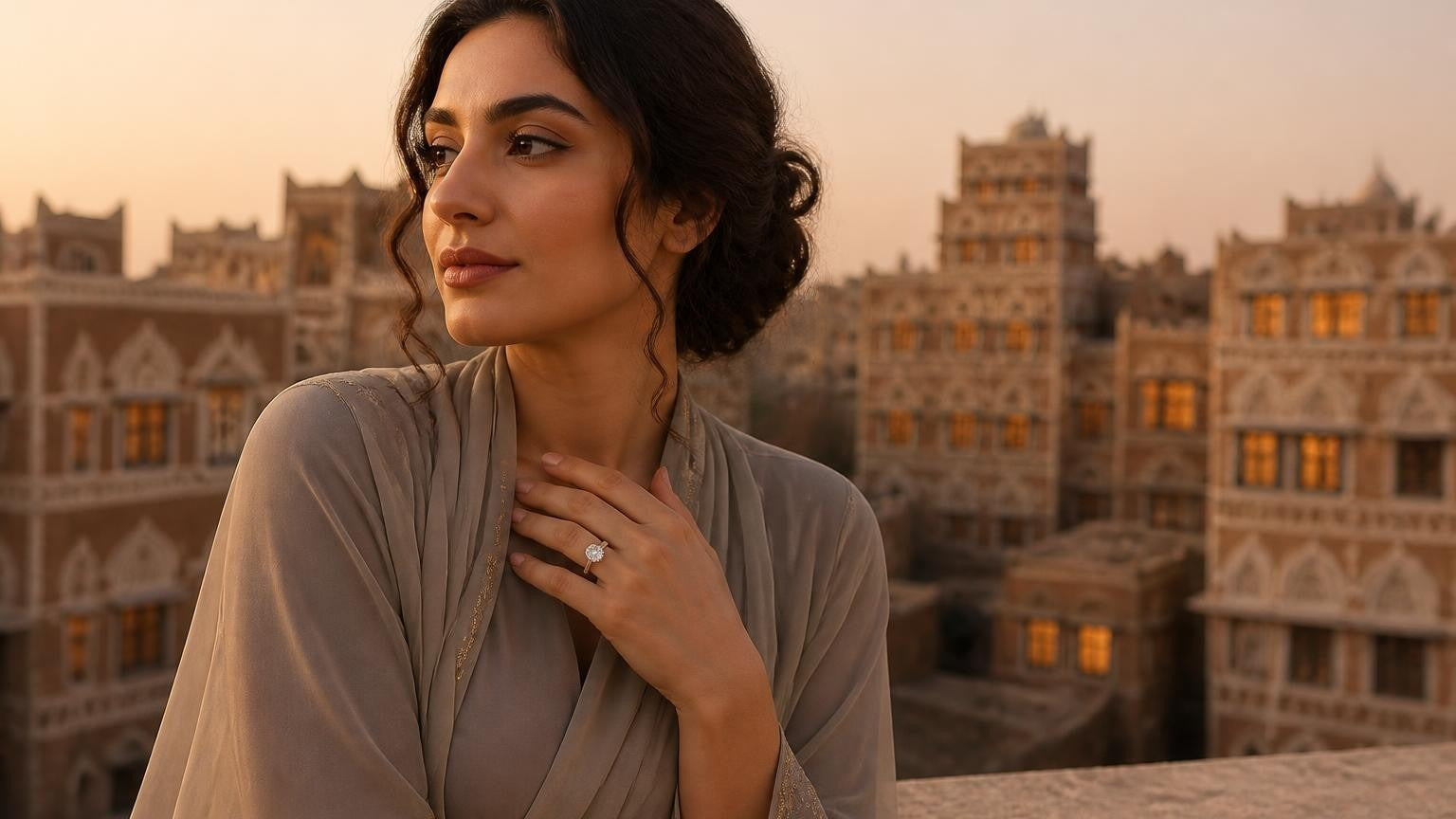 Best engagement ring in Yemen — Satéur Destinée Ring™ with Sana'a Old City tower houses at golden hour