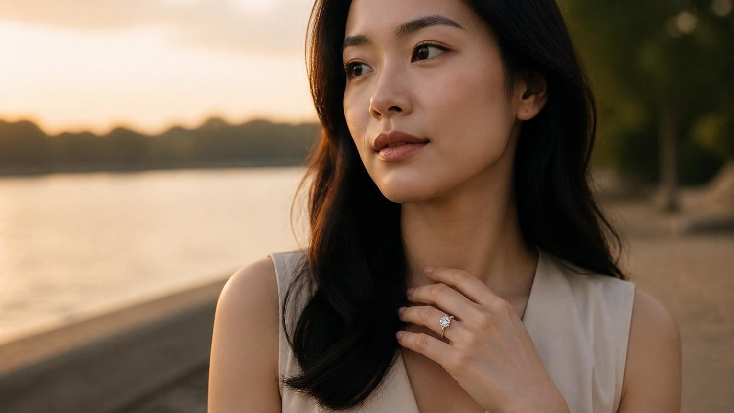 Best engagement rings in Yishun — elegant Singaporean woman with Satéur Destinée Ring at Lower Seletar Reservoir