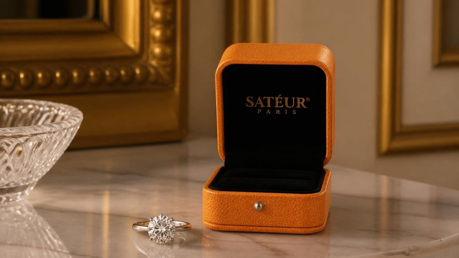 Celebrity engagement ring — round brilliant solitaire with open Satéur ring box in Parisian salon