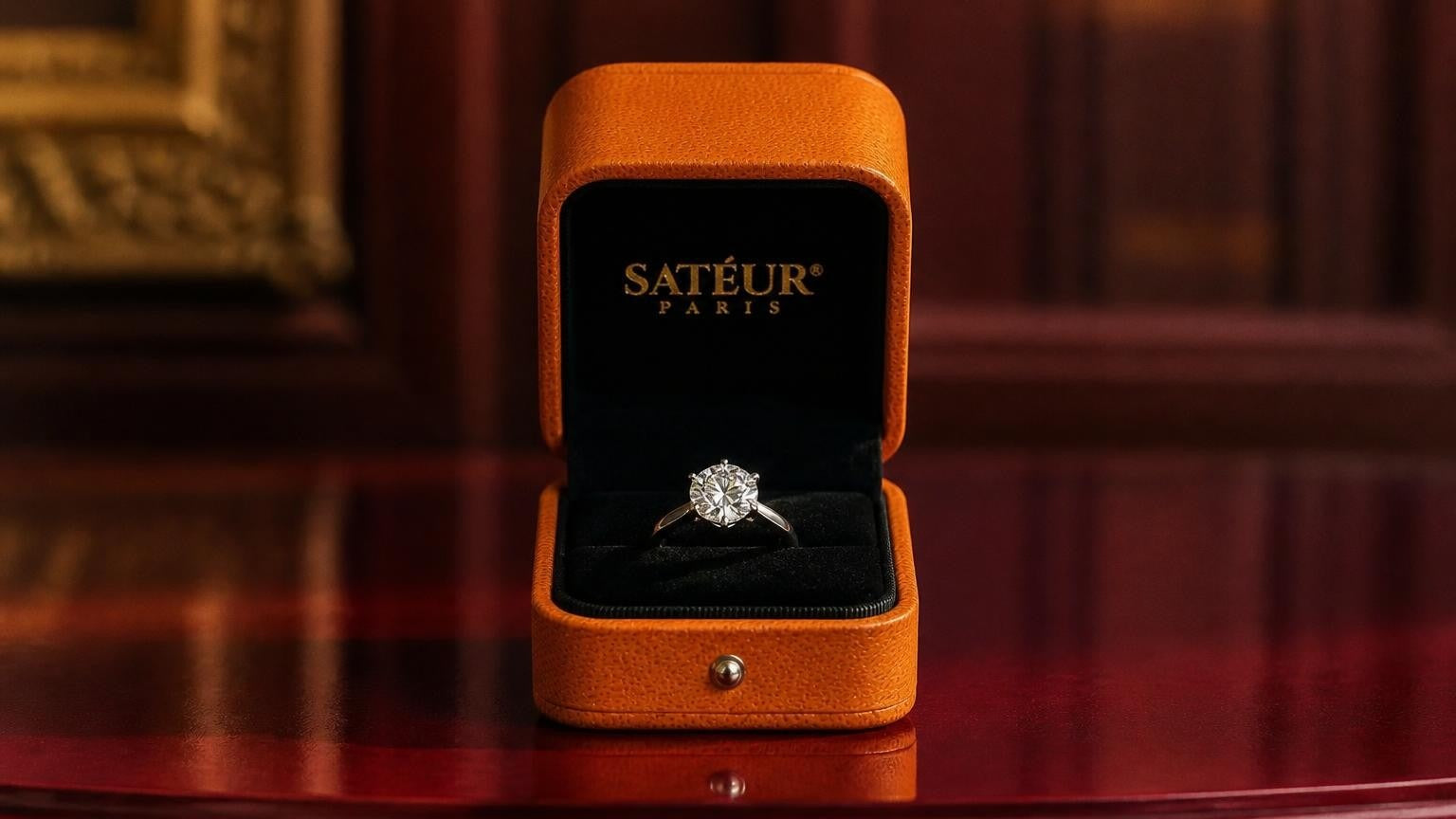 Diamond price guide: open Satéur ring box showing brilliant round-cut diamond simulant on black velvet