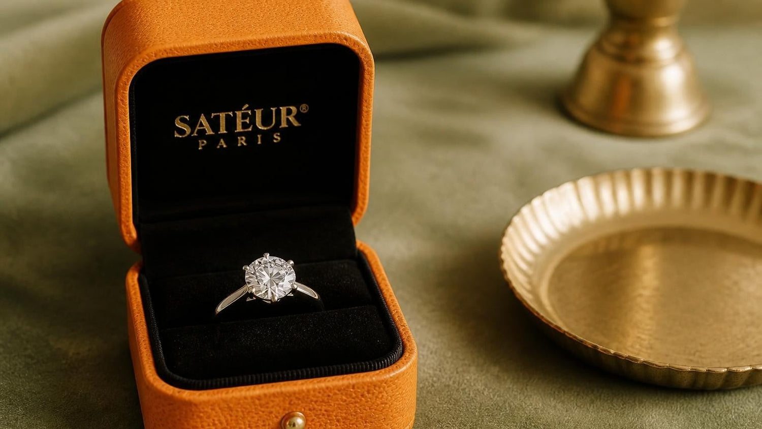 Moissanite vs Cubic Zirconia — open Satéur ring box on sage-green velvet