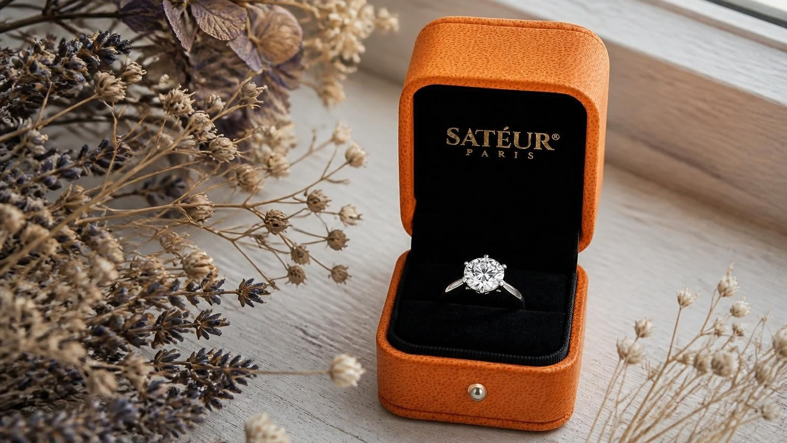 Debt-free engagement ring — Satéur Destinée Ring™ with open Satéur ring box