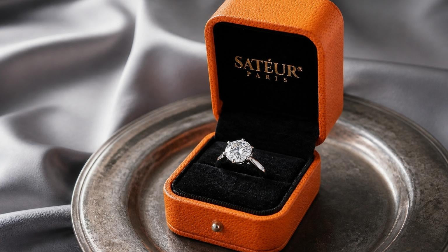Diamond alternative engagement ring in open Satéur box on pewter tray