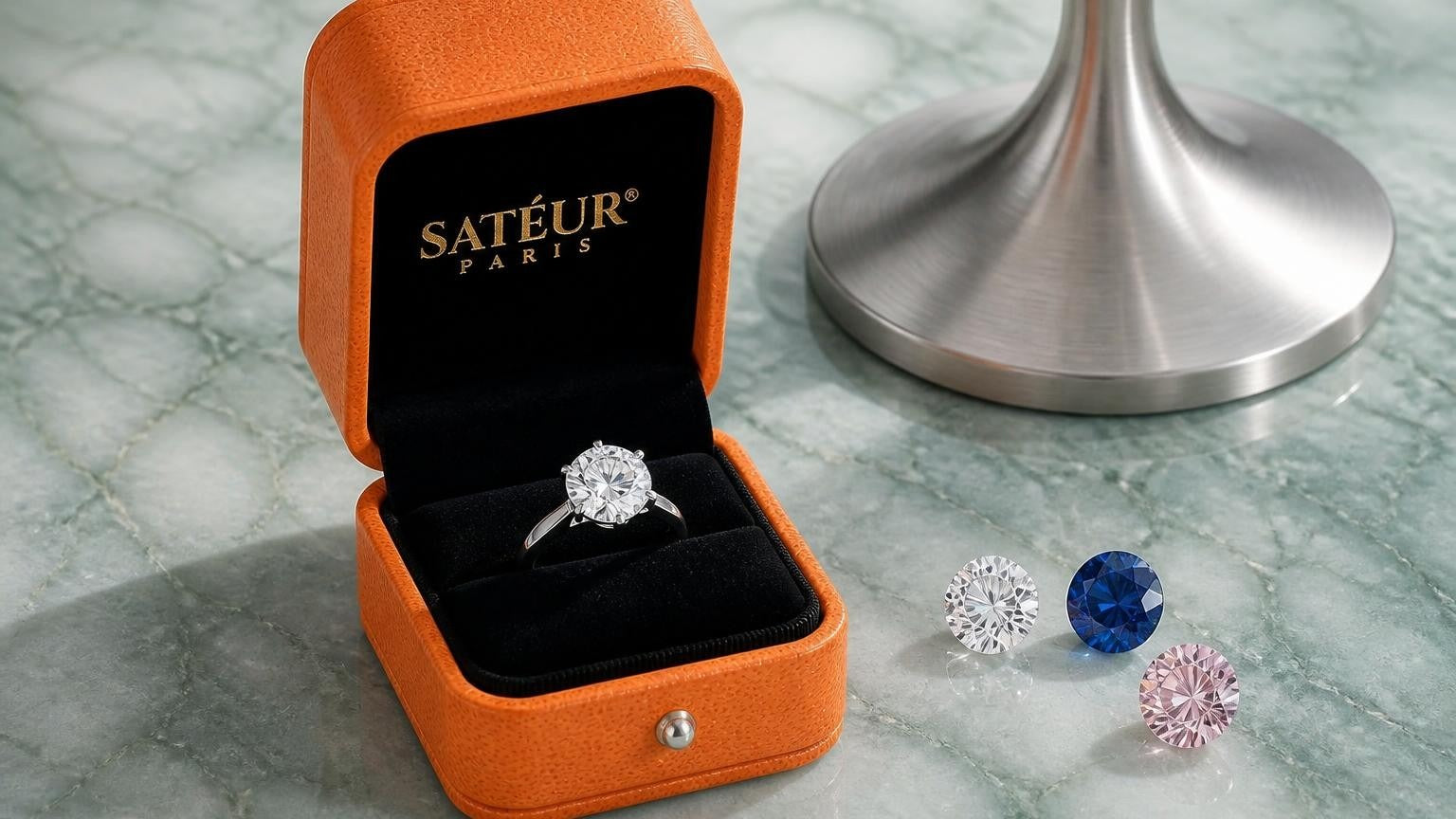 Diamond alternative gemstones for engagement rings — open Satéur box on jade-green marble