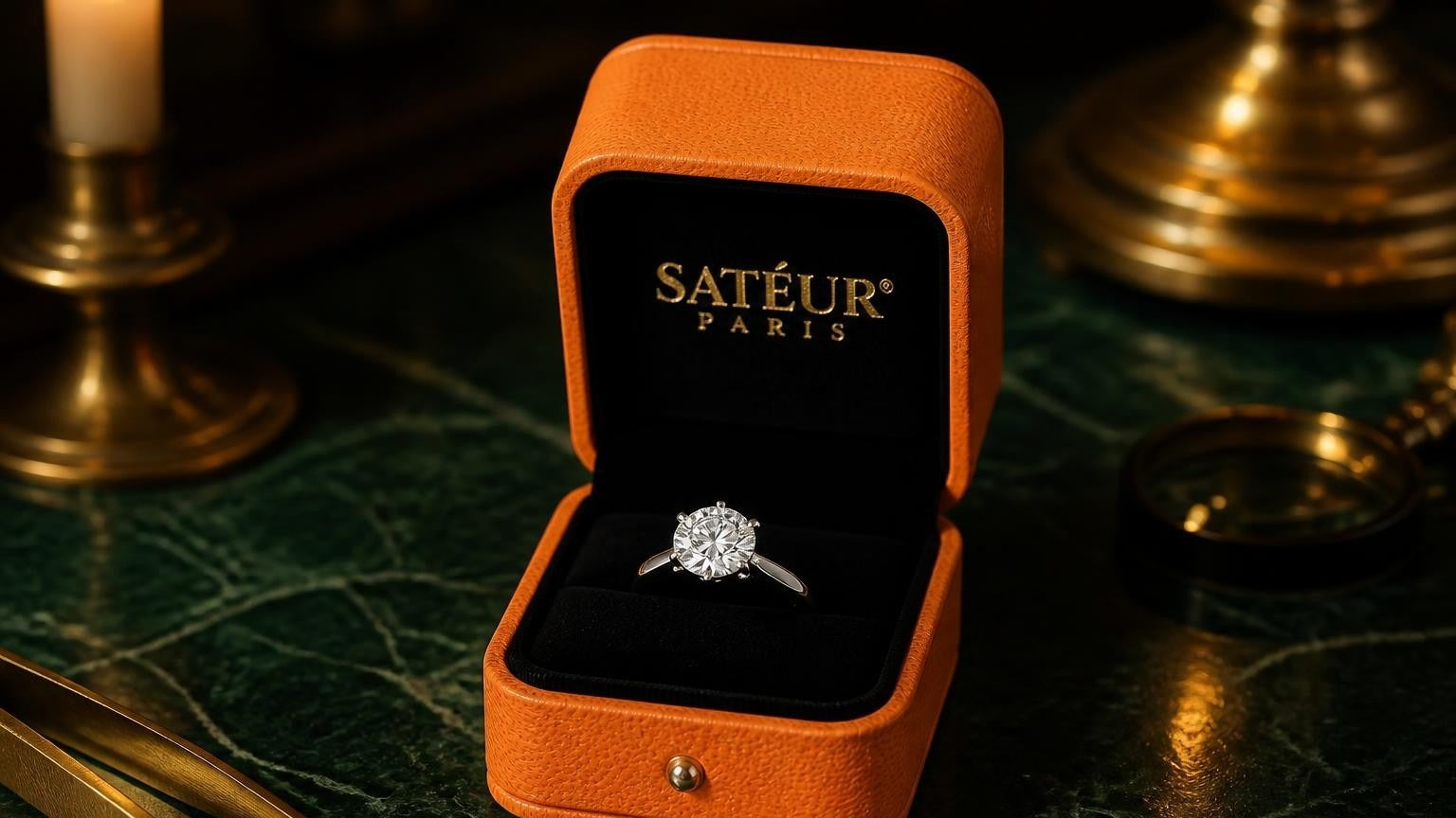 Diamond alternative engagement ring in Satéur ring box