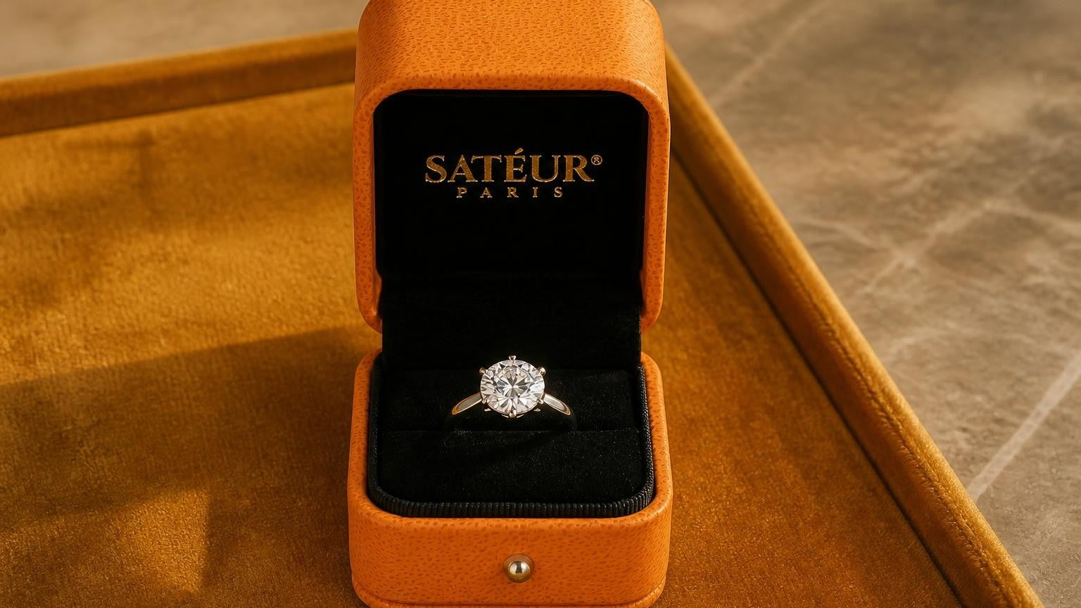Diamond ring alternatives — open Satéur box with diamond simulant engagement ring on amber velvet