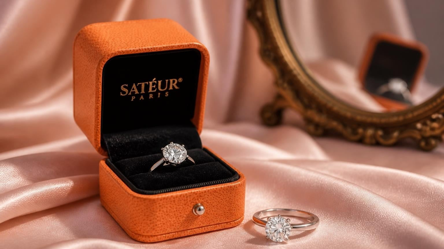 Diamond simulant ring in open Satéur orange box on couture dressing room vanity