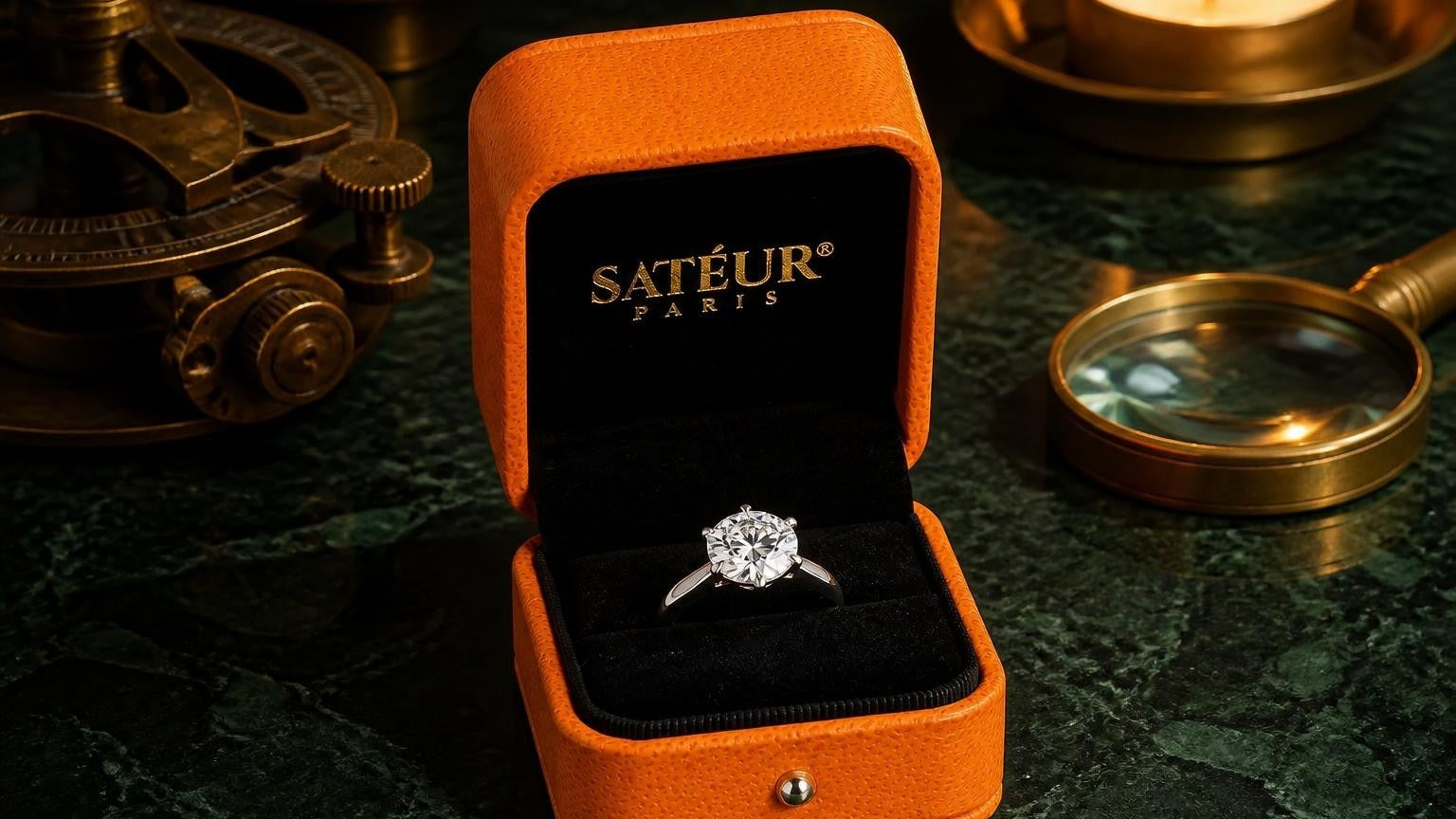 Satéur moissanite ring in open orange box on emerald-green marble jeweller vault